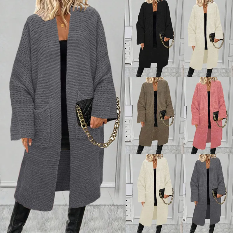 Cardigan da Donna in Maglia Grossa Oversize Manica Lunga Aperto Davanti Con Tasche Tinta Unita Cappotto