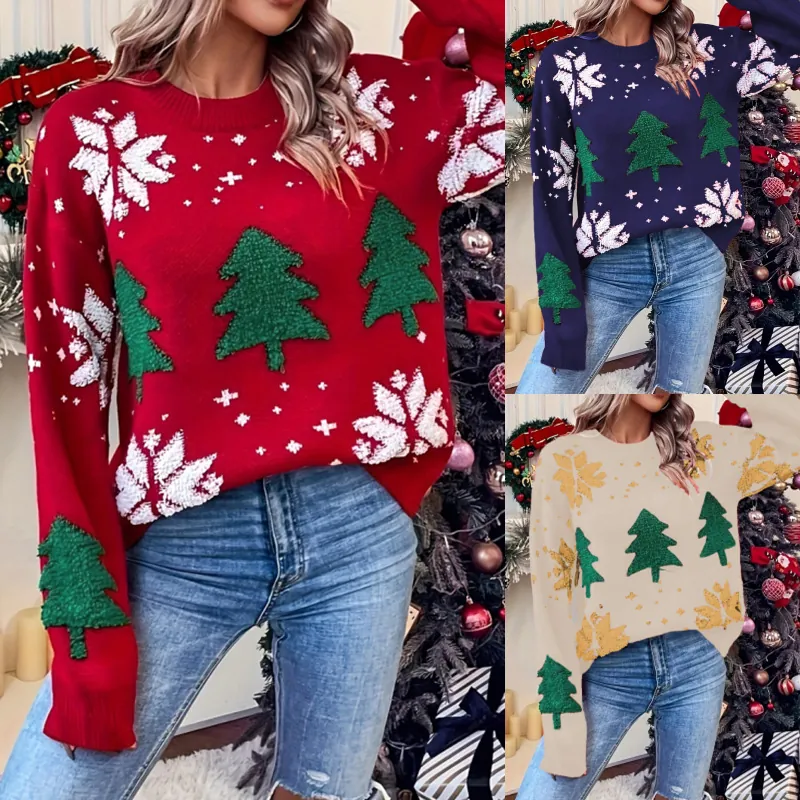Women's Christmas Knitted Sweater Round Neck Long Sleeve Pullover With 3D Christmas Tree Snowflakes Pattern Festive Winter Top