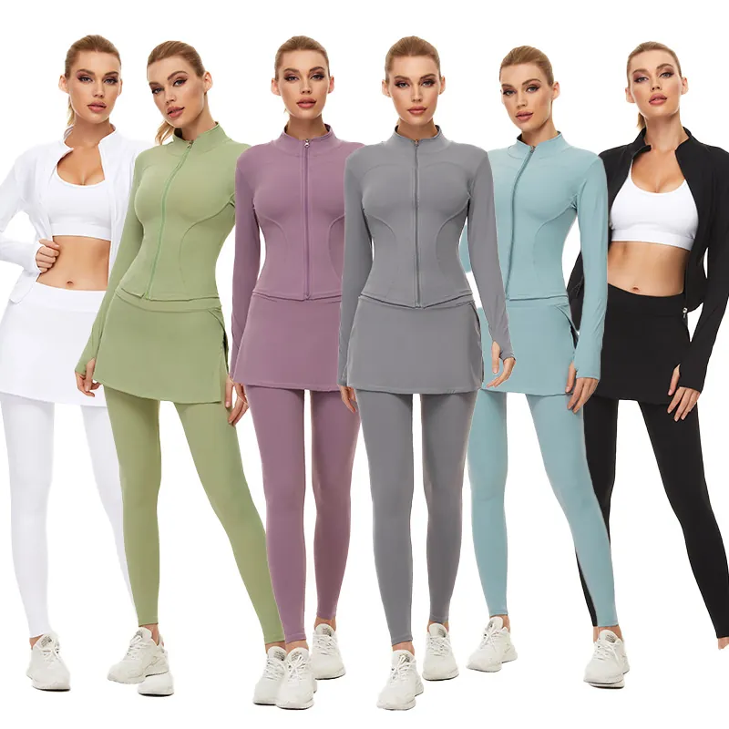 Ensemble de Fitness Yoga pour Femmes Col Montant Manches Longues Veste Zippée et Leggings Jupe-Culotte Imprimé Survêtement de Course