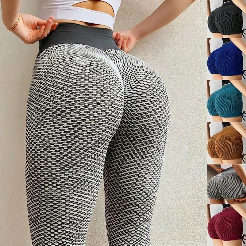 Pantalon de Yoga Femme Texture Nid d'Abeille Taille Haute Butt Lifting Leggings Fitness Contrôle du Ventre Entraînement Froncé