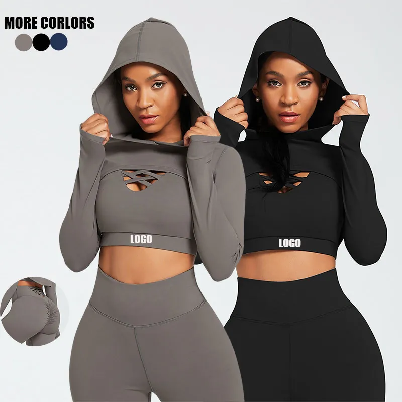 Γυναικείο Σετ Γιόγκα Fitness Crop Top Με Κουκούλα Χιαστί Αθλητικό Σουτιέν Κολάν Ψηλόμεσο Top And Bottom Αναπνεύσιμο