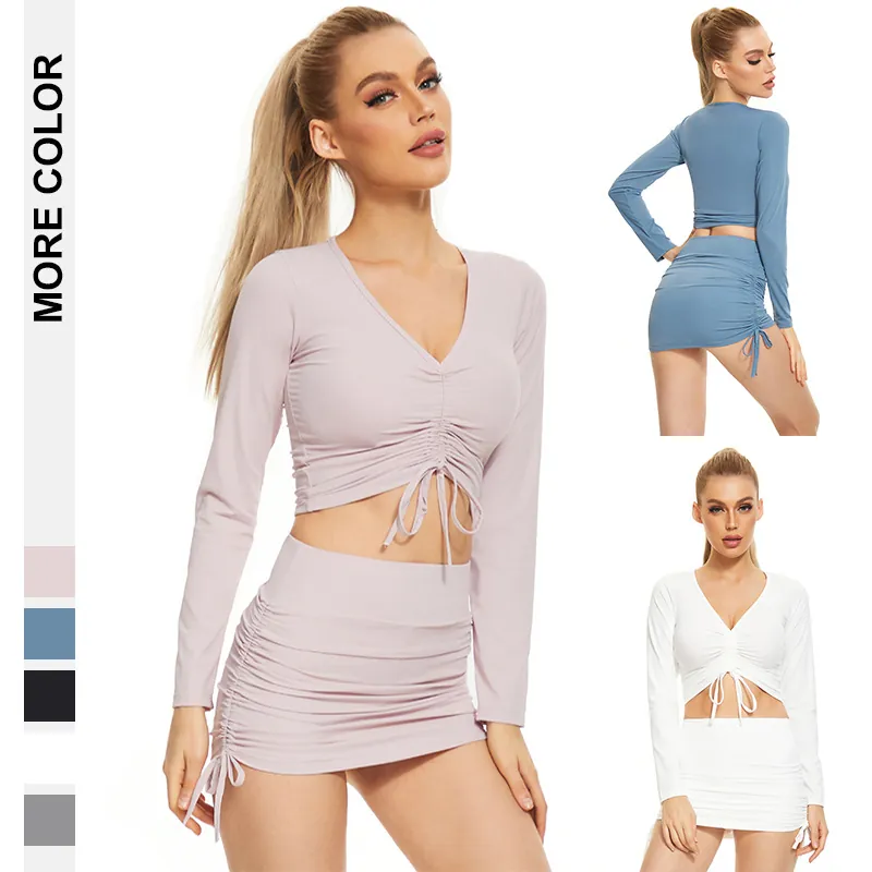 Women Ruched Drawstring V-Neck Long Sleeve Crop Top And Hip Skirt Set Polyester Solid Color Slim Fit Sexy Casual Apparel