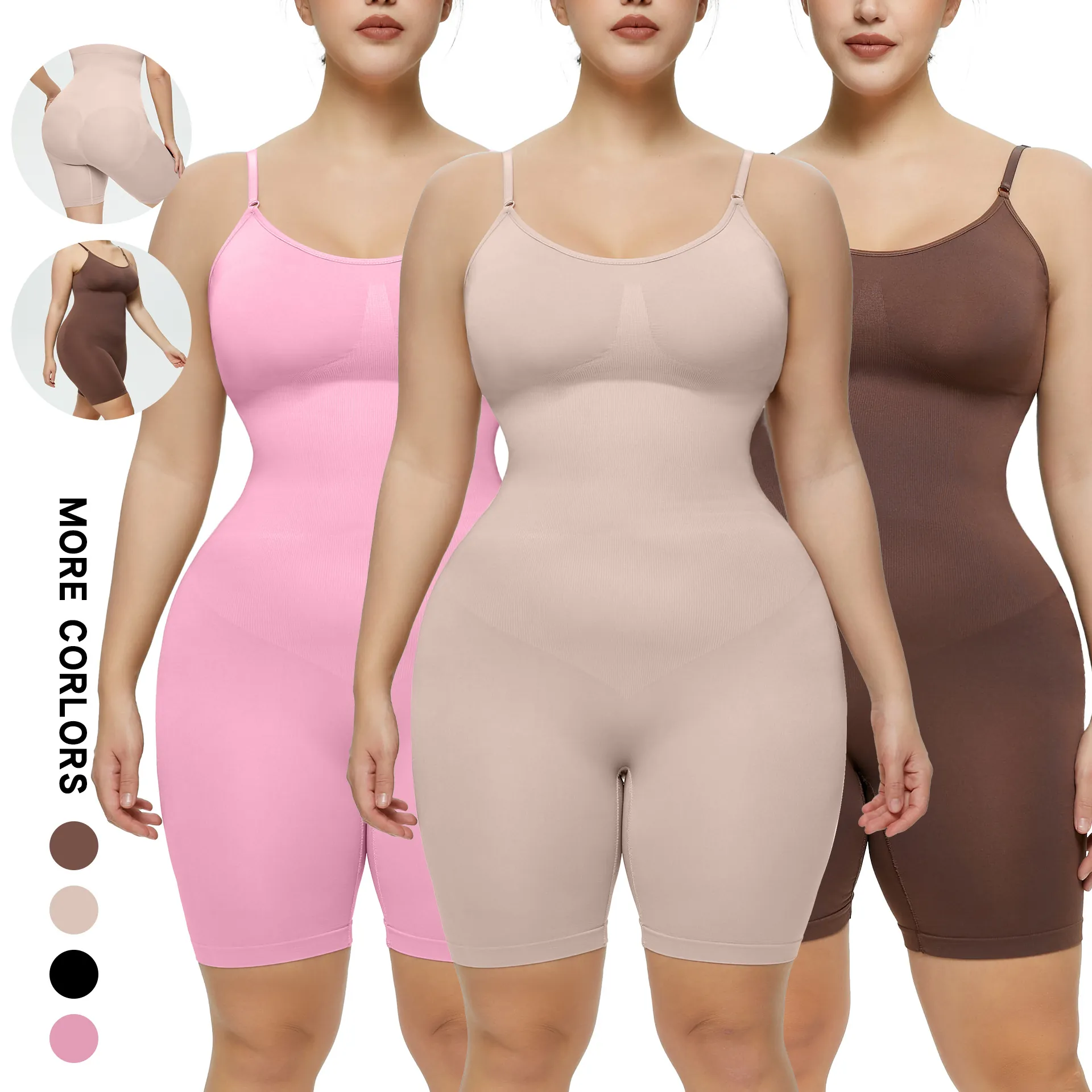 Women's Seamless Shapewear Bodysuit Tummy Control Butt Lifter Body Shaper Mid-Thigh Adjustable Straps Slimming Underwear