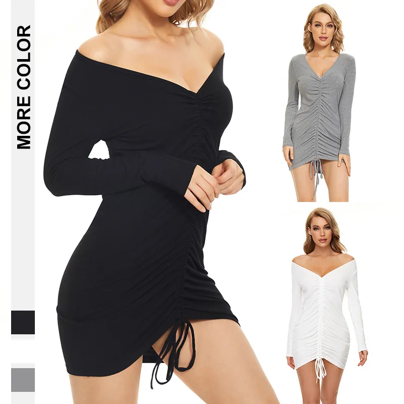 Robe Moulante Sexy à Col en V avec Cordon de Serrage pour Femmes Mini Robe Manches Longues Tricot Côtelé Coupe Ajustée Fête