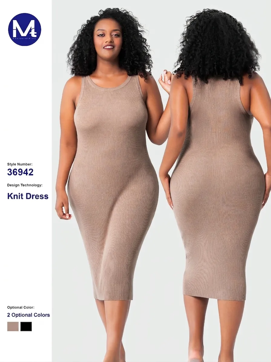 Damen Übergröße Rippstrick Bodycon Midikleid Ärmellos Rundhals Mercerisierte Baumwolle Sommer Slim Fit Sexy Party Weste Kleid