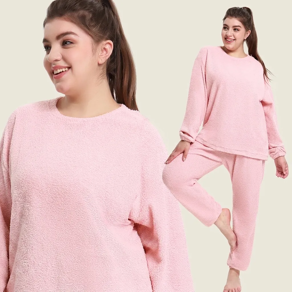 Pyjama en Velours de Nuage Épais pour Femmes Col Rond Manches Longues Haut Et Pantalon Peluche Chaude Homewear Rose Grande Taille
