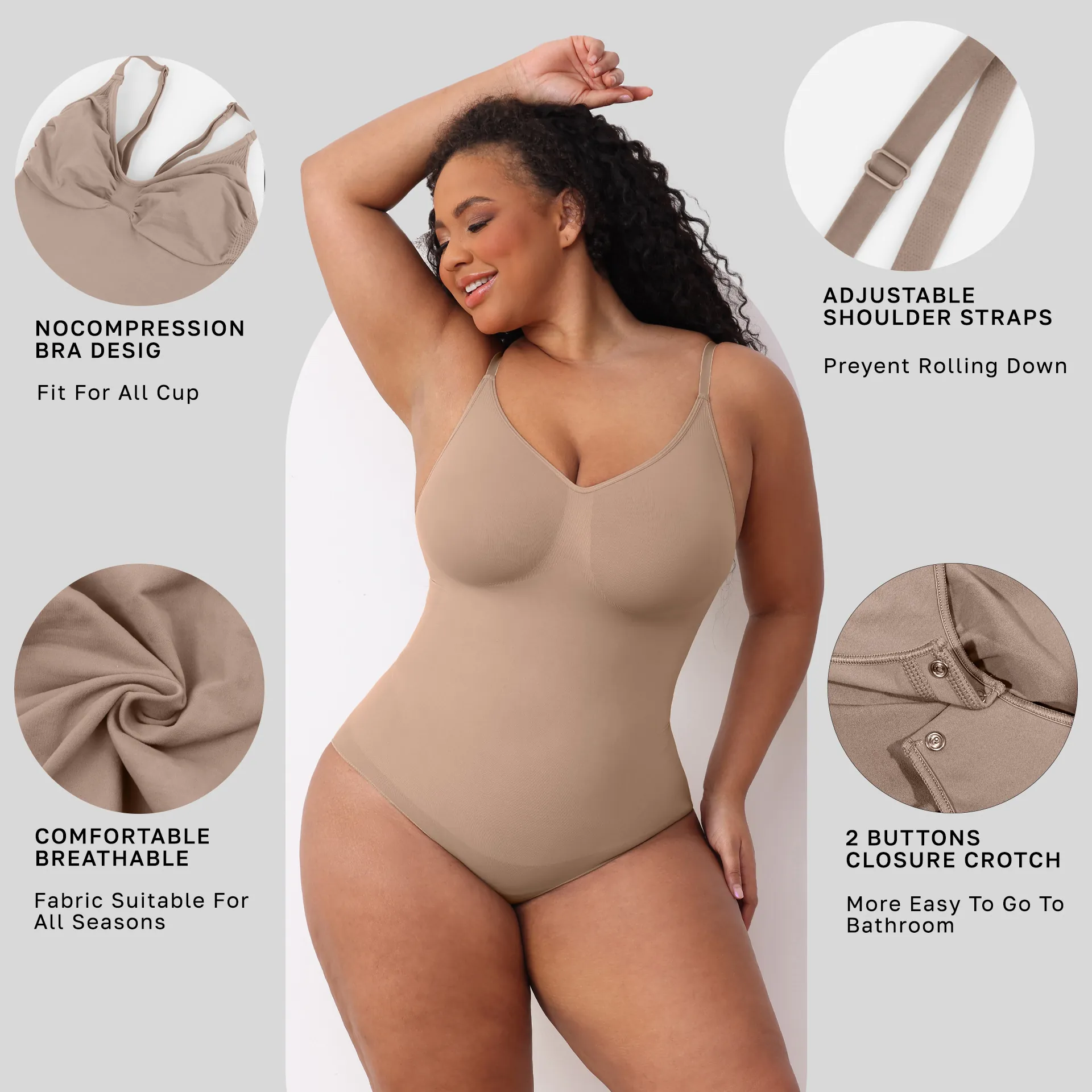 Women Seamless Shapewear Bodysuit Tummy Control Butt Lift Spaghetti Strap V-Neck High Elastic Slimming Body Shaper For Everyday