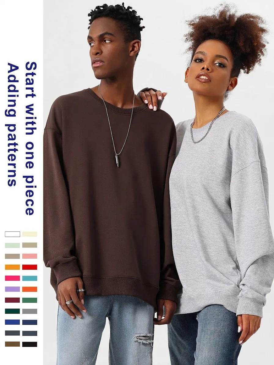 Women Plus Size Heavyweight Pure Cotton Sweatshirt Oversized Dropped Shoulder Long Sleeve Casual Round Neck Unisex Pullover Top