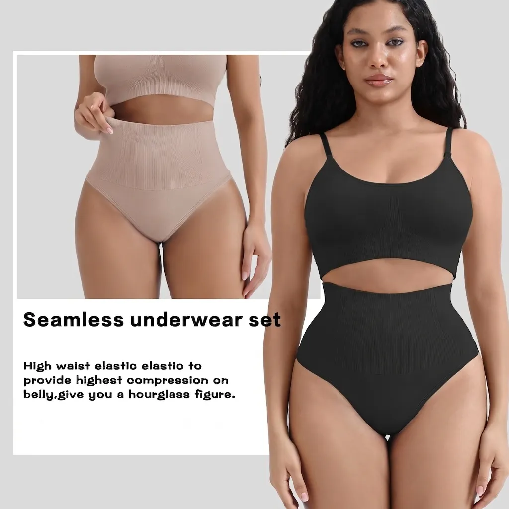 Women Seamless Lingerie High Waist Tummy Control Thong U-Back Push Up Bra Shapewear Top And Bottom