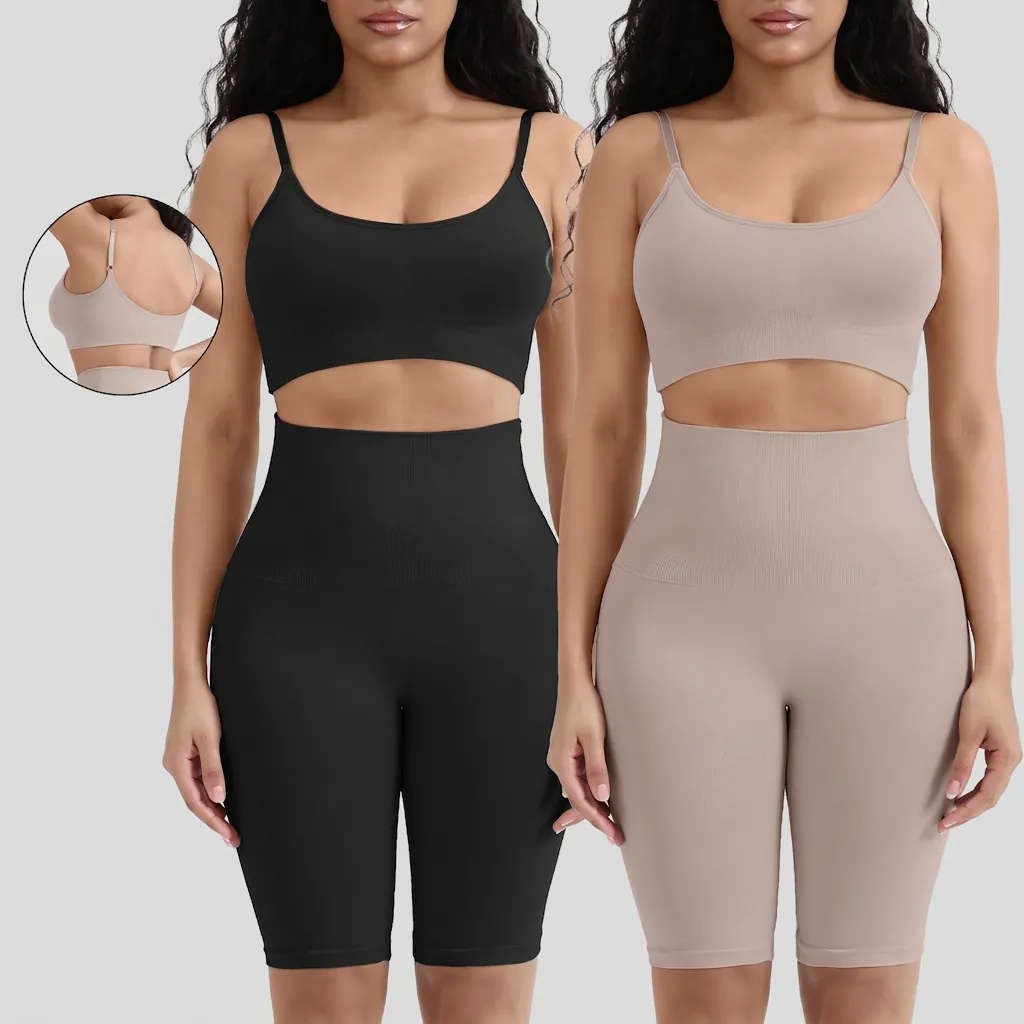 Ensemble de Yoga Côtelé sans Couture Haut Et Pantalon Femme Brassière de Sport sans Armatures Short Cycliste Taille Haute Vêtement de Sport