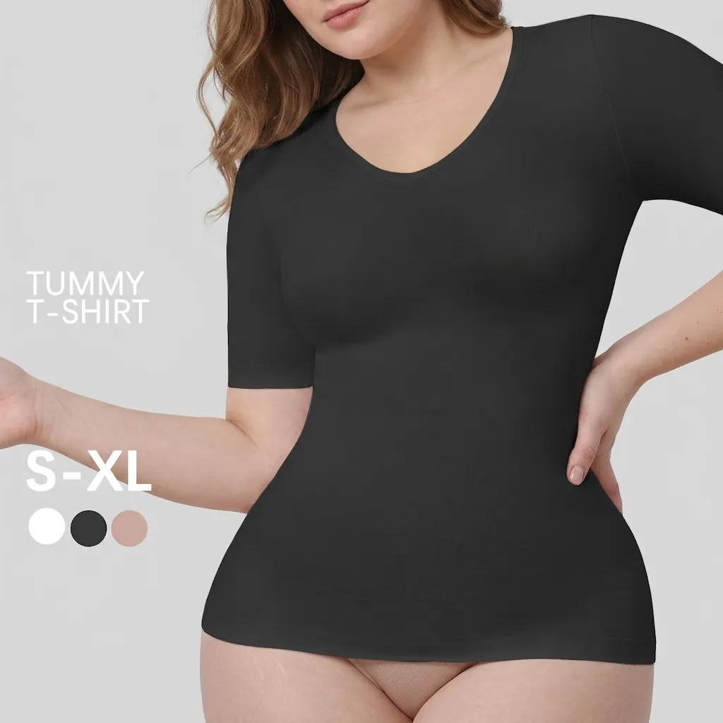 T-Shirt Gainant à Manches Courtes pour Femmes Sans Couture Col en V Body Mincissant Haut Sculptant pour le Quotidien