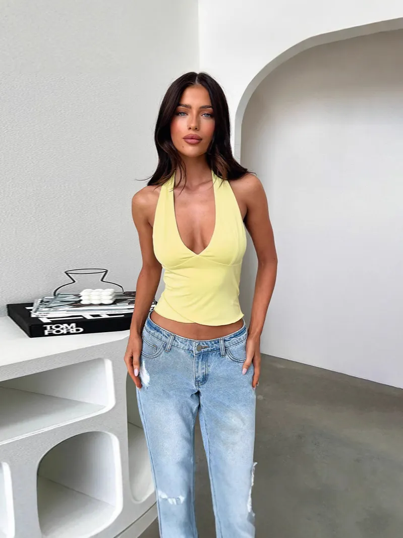 Women Sexy Backless Halter Neck Top V-Neck Sleeveless Ribbed Camisole Slim Fit Summer Streetwear Club Fashion Crop Top