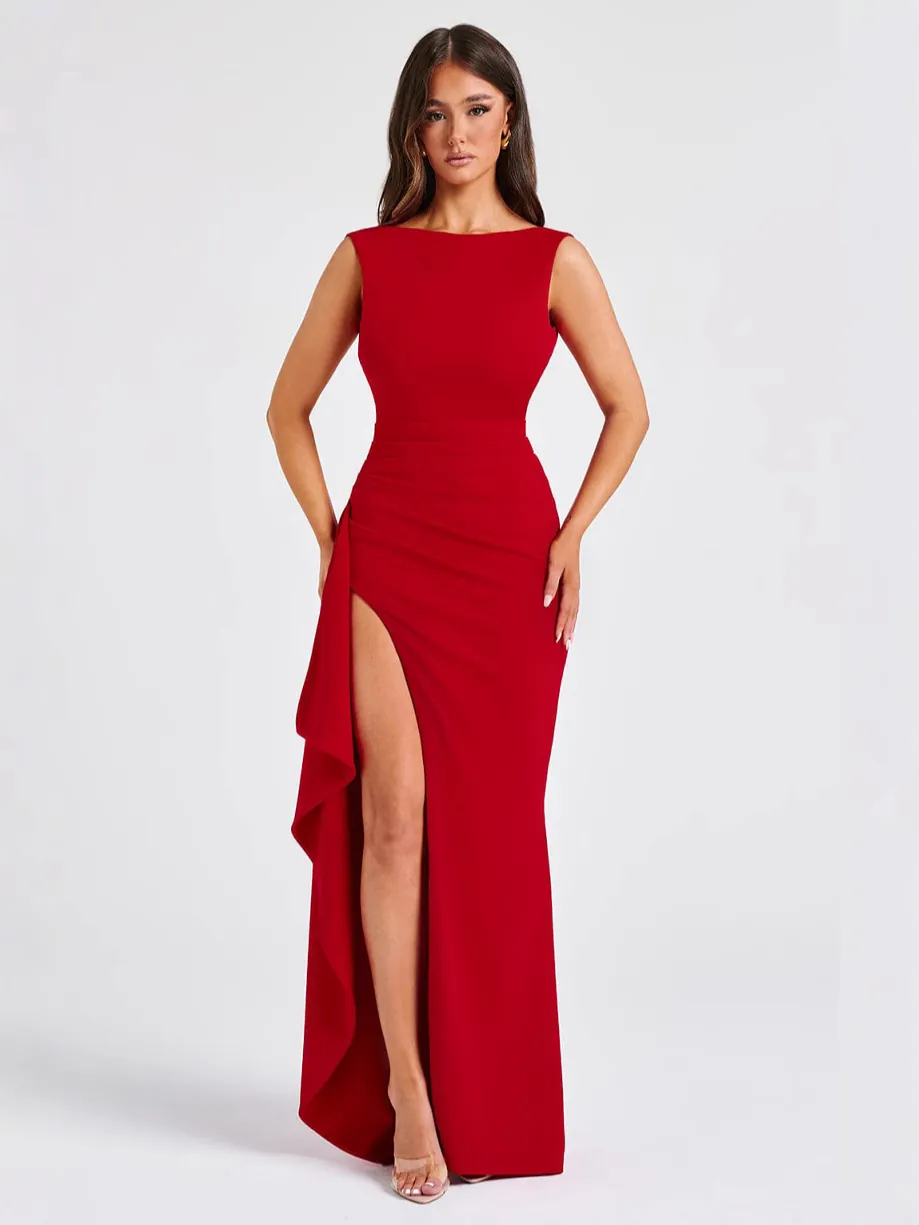 Vestito Lungo da Donna Sexy con Schiena Scoperta Spacco Alto Girocollo Senza Maniche Bodycon Abito da Sera per Feste con Dettaglio Volant Elegante Aderente