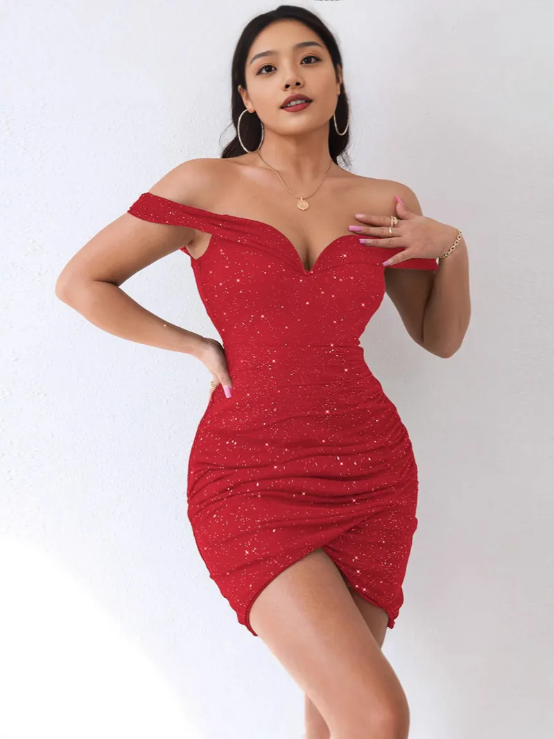 Women Sexy Off Shoulder Sequin Ruched Mini Dress Glitter Bodycon V Neck Party Cocktail Evening Clubwear Dress