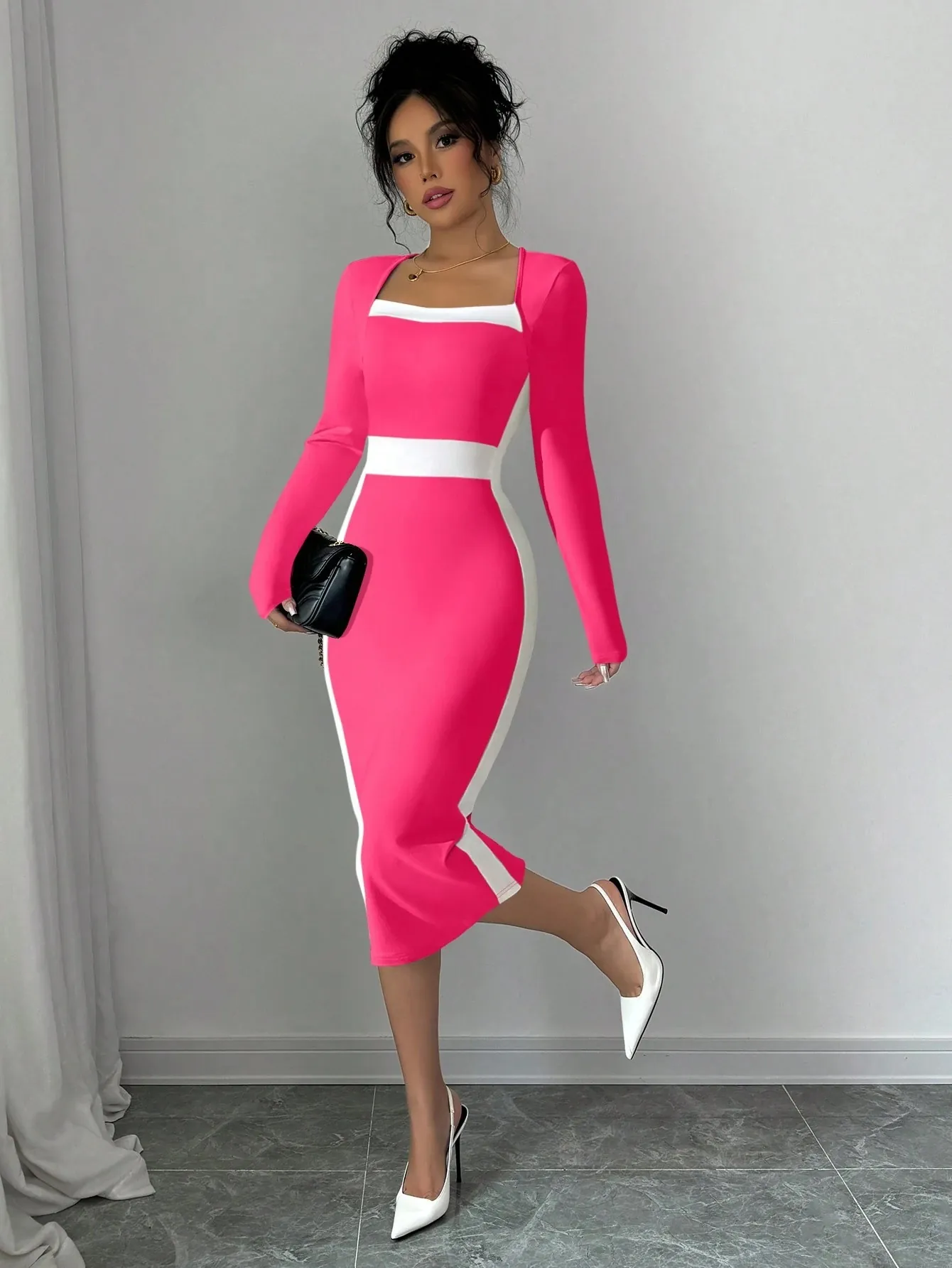 Elegant Contrast Color Block Long Sleeve Square Neck Bodycon Midi Dress For Women Sexy Slim Fit Polyester Spandex Pencil Dress