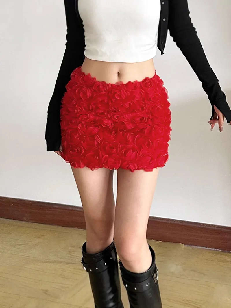 Damen 3D Rose Blume Minirock Hohe Taille Hüftwickel Polyester Kurzer Rock Streetwear Chic Elegant Party Wear Bottoms