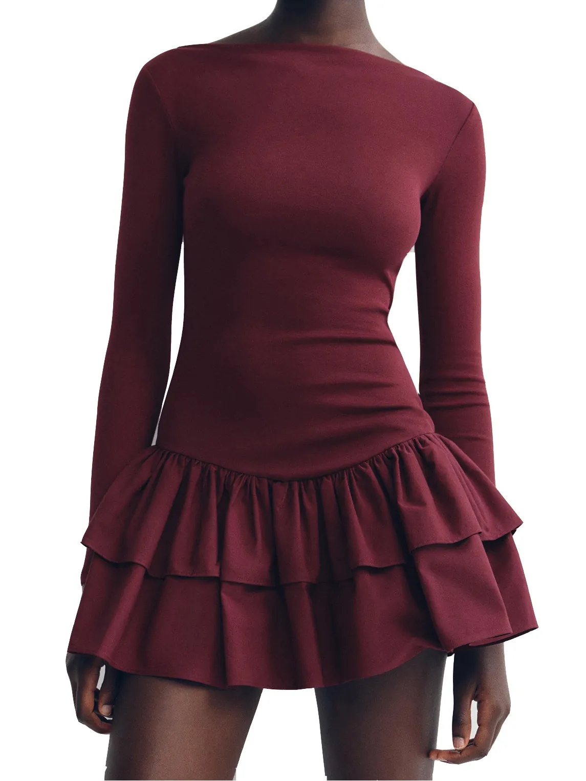 Robe Courte Ajustée Élégante à Manches Longues Pour Femmes Avec Ourlet à Volants Robe en Tricot Pour Fête