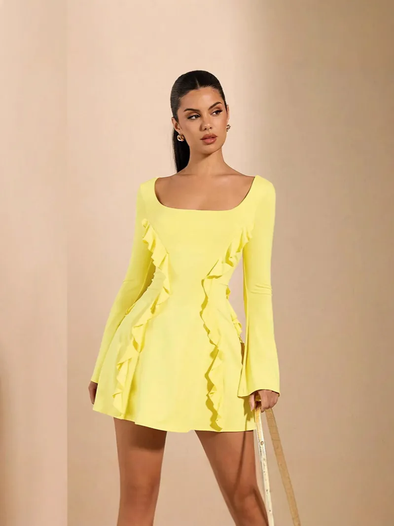 Robe Courte Moulante Sexy Dos Nu pour Femmes Col Carré Volants Manches Longues Évasées Robe de Soirée Clubwear