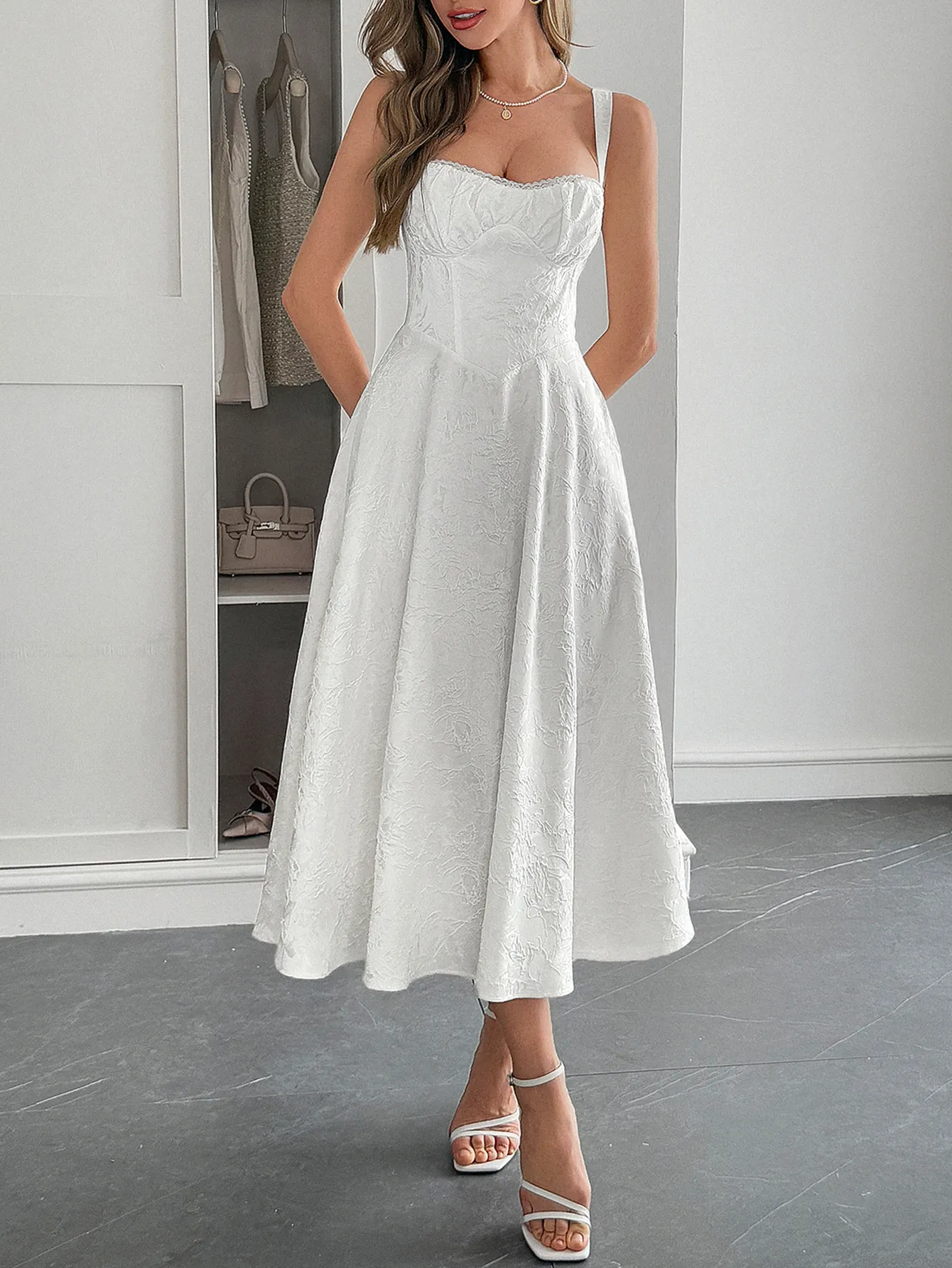 Robe Longue Élégante en Jacquard à Bretelles Spaghetti Femme Décolleté en Cœur Dos Nu à Lacets Ligne A Robe de Fête