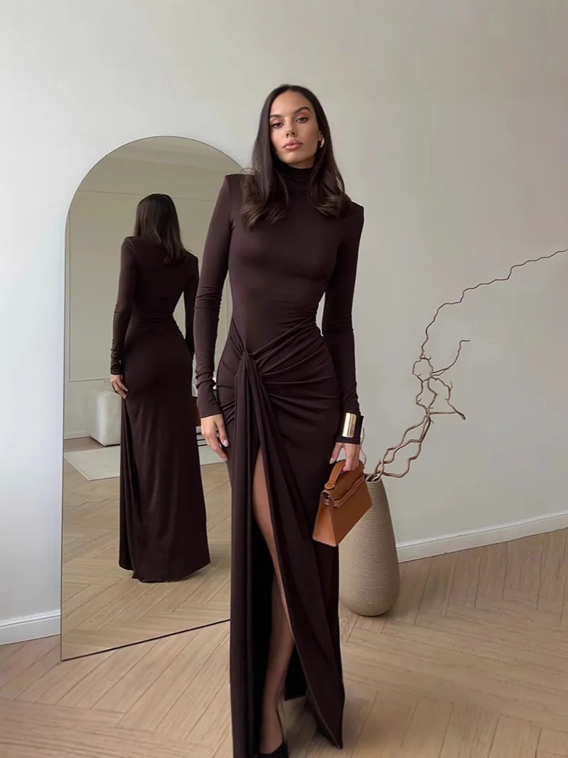 Robe Maxi Femme Col Montant Manches Longues Fronces à la Taille Fente Latérale Coupe Ajustée Élégante Robe de Soirée Automne Hiver Style Français