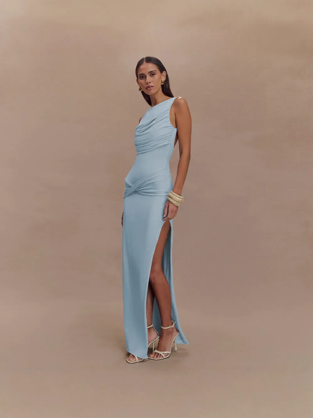 Abito Maxi da Donna Senza Schienale Arricciato Elegante Girocollo Senza Maniche con Spacco Alto Abito da Sera Estate Festa