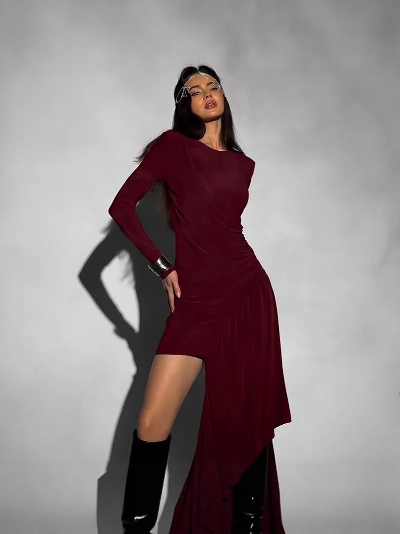 Women Ruched Asymmetrical Hem Long Sleeve Bodycon Dress Sexy Round Neck Padded Shoulder Elegant Party Evening Midi Dress