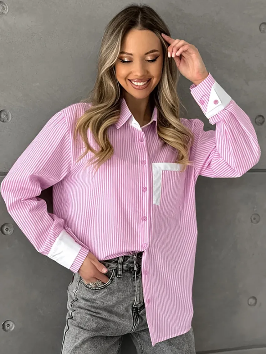 Women Polyester Pink White Striped Shirt Contrast White Collar Cuffs Oversized Button Down Long Sleeve Casual Blouse Top