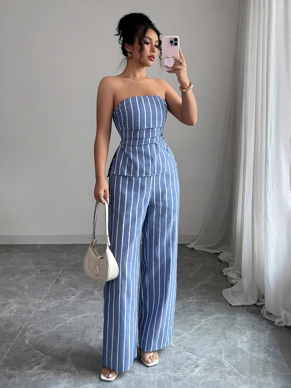 Elegant Women Striped Strapless Crop Top And High Waist Wide Leg Pants Casual Breathable Summer Vacation Beachwear Outfit