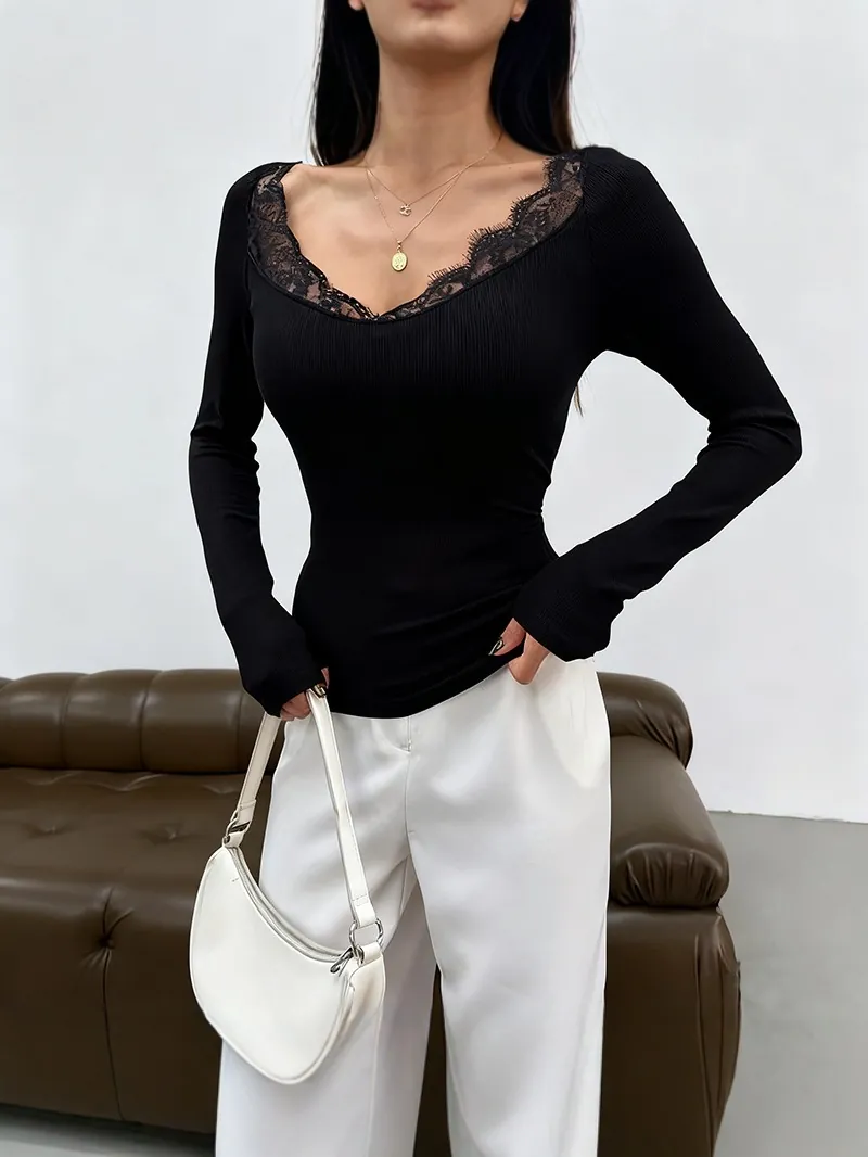 Women Elegant V Neck Lace Border Ribbed T-Shirt Long Sleeve Slim Fit Autumn Solid Color Patchwork Sexy Bottoming Top