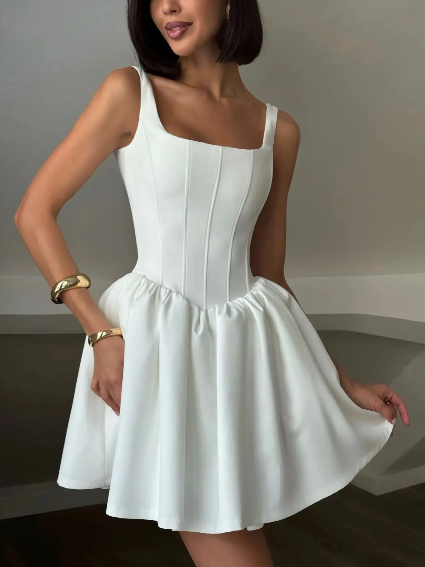 Women Sexy Corset Mini Dress Square Neck Sleeveless Puff Skirt Backless Evening Party Cocktail Bubble Dress Solid Color