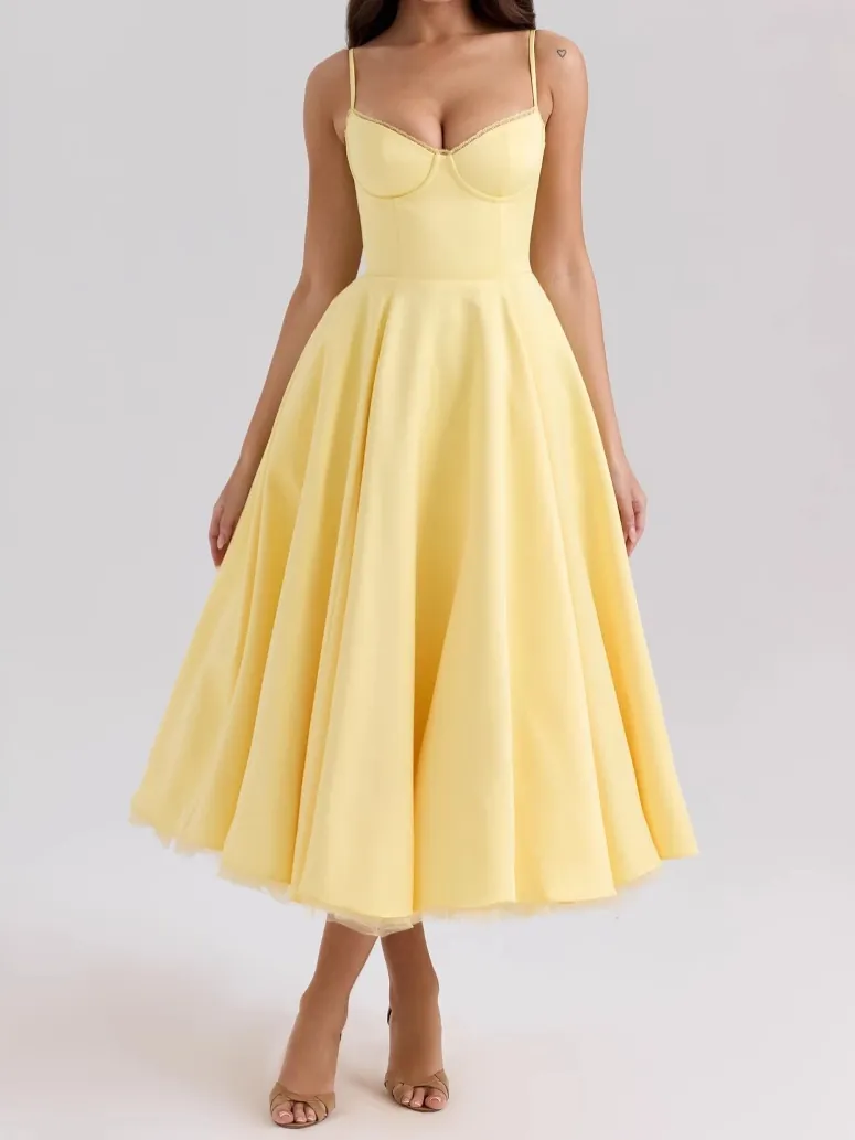 Women French Retro Satin Sling Dress Lace Trim Corset Bustier Elegant Backless Mesh Splicing Yellow A-Line Midi Dress