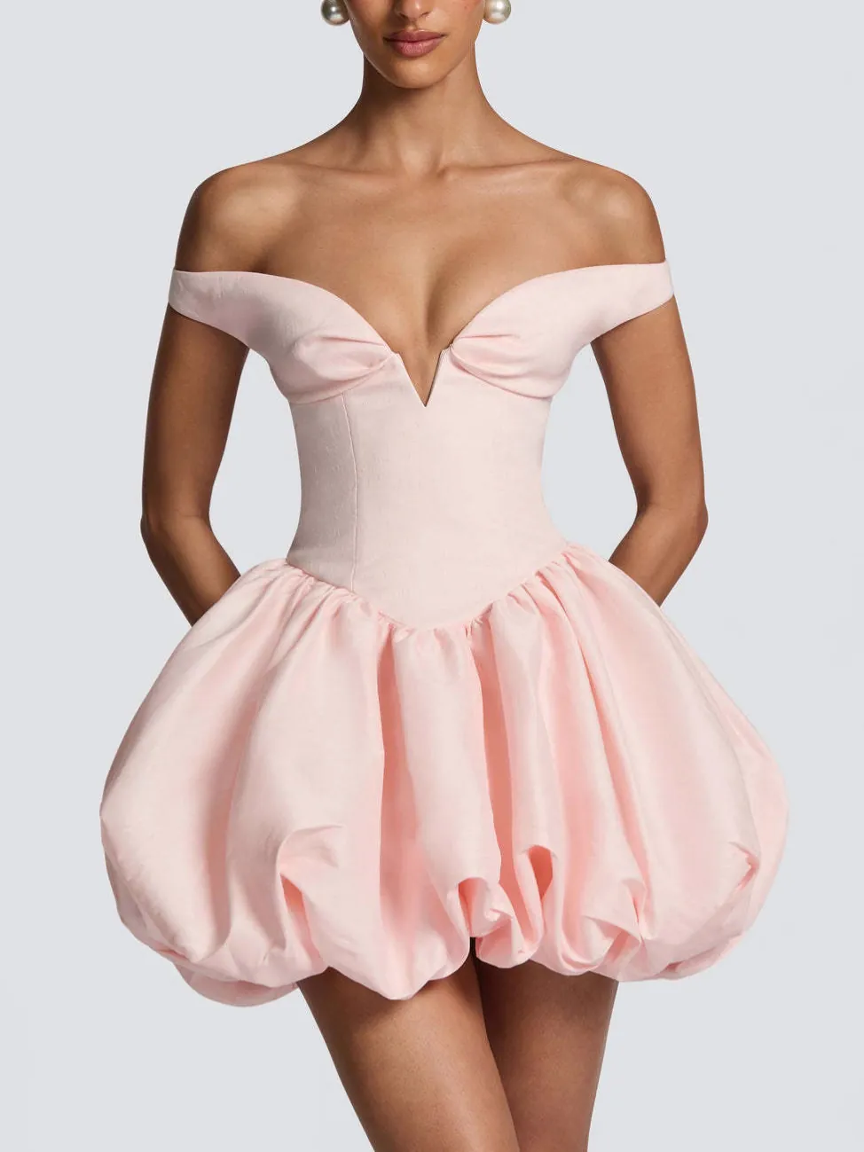 Women Off Shoulder Strapless Mini Bubble Dress Satin Corset Deep V Neck A Line Puff Skirt Party Evening Cocktail Wear