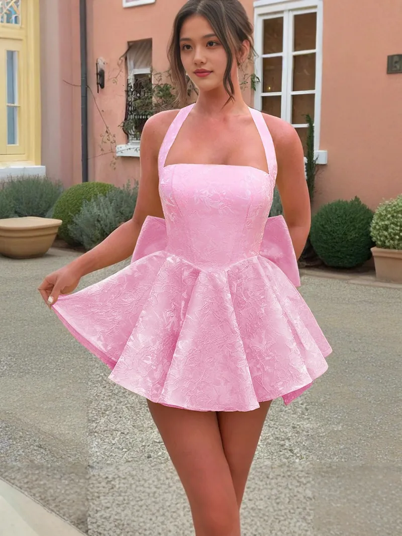 Women's Pink Halter Backless Jacquard Mini Dress Large Bow Party Evening Dress Sweet Princess Style Puffy Dress