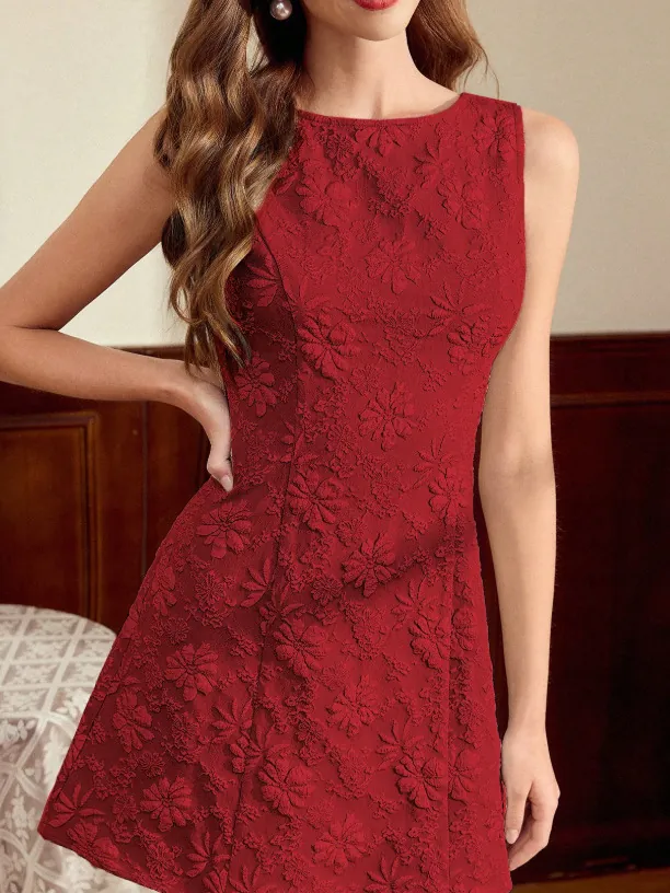 Robe Trapèze sans Manches pour Femme Broderie Florale 3D Élégante Col Rond Vintage Coupe Ajustée Dos Nu Mini Robe de Soirée