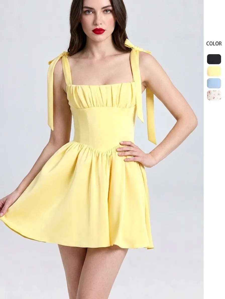 Women Square Neck Bow Tie Strap Mini Dress High Waist Pleated A-Line Backless Corset Style Summer Sexy Bodycon Party Dress