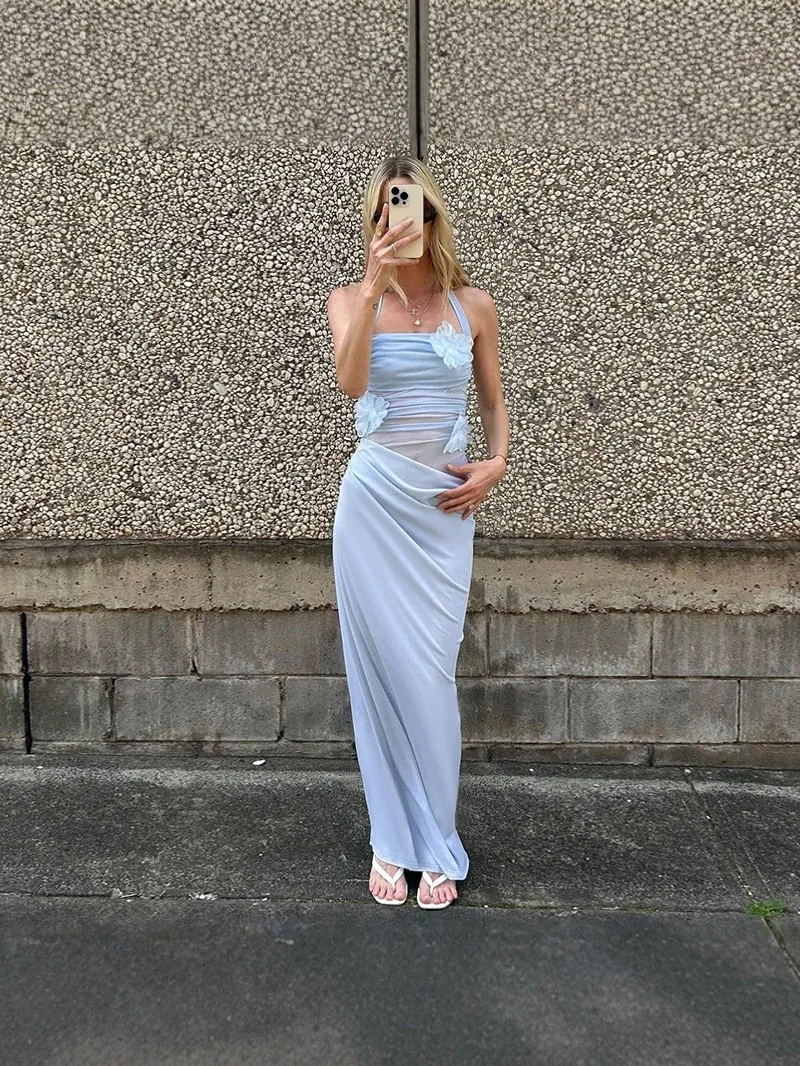 Robe Maxi Sexy Dos Nu Fleurs 3D en Maille pour Femmes Couleur Unie Plissée Ajourée Dos Nu Soirée Fête Robe Coupe Ajustée