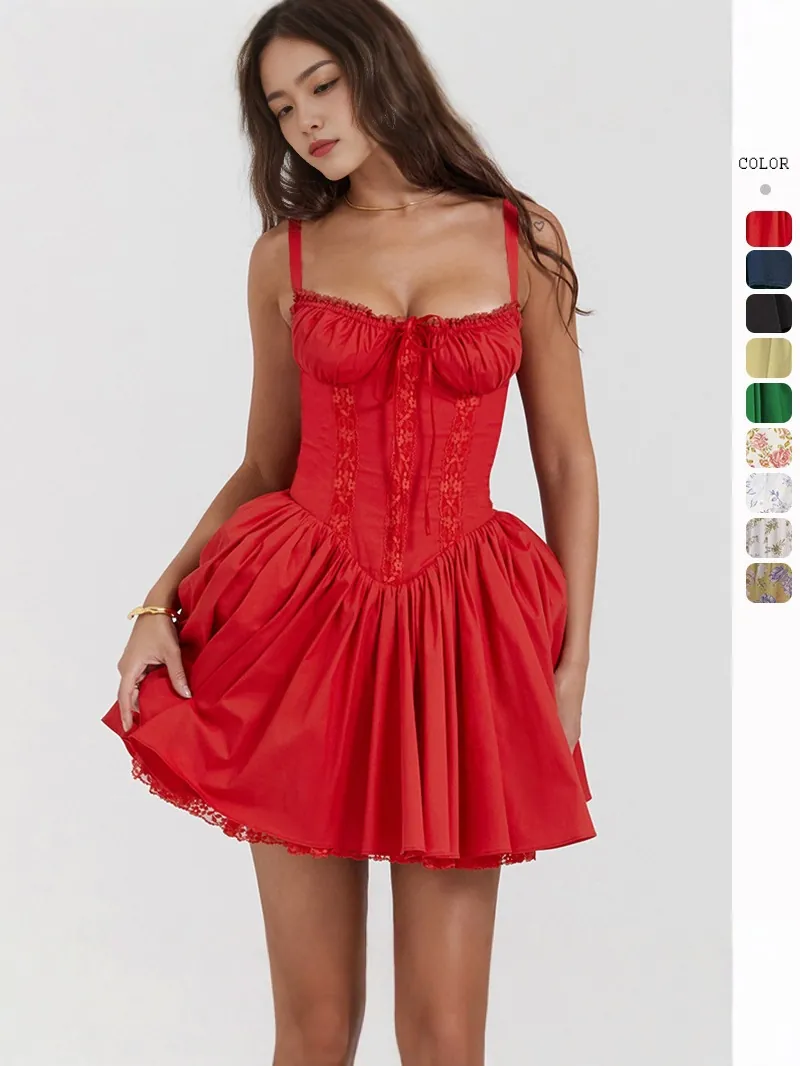 Women Sexy Corset Mini Dress Lace Patchwork Spaghetti Strap Sleeveless A-Line Flare Dress Backless Lace-Up Party Summer Dress