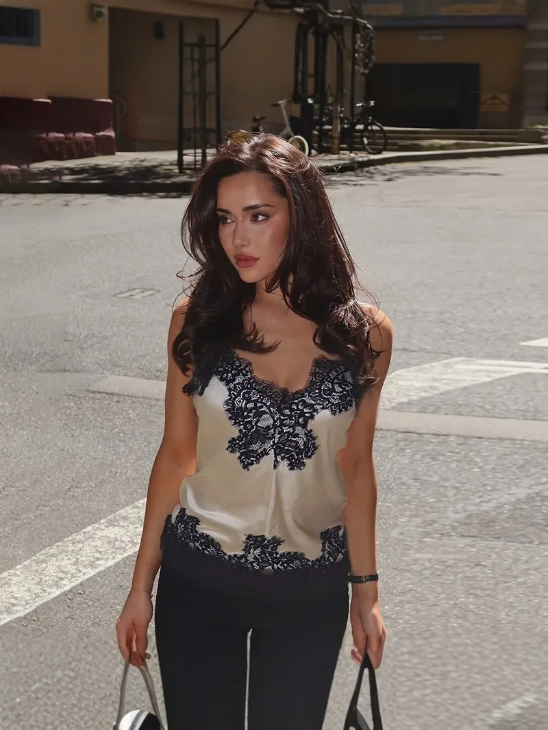 Women Sexy Satin Camisole With Black Lace Trim V Neck Backless Slim Fit Short Tank Top For Party Summer Casual Wear
