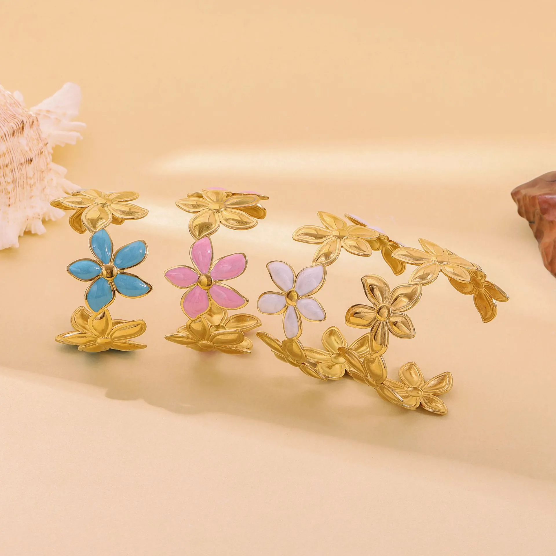 Enamel Flower Open Bangle Stainless Steel Geometric Floral Adjustable Cuff Bracelet Vintage Fashion Jewelry For Women