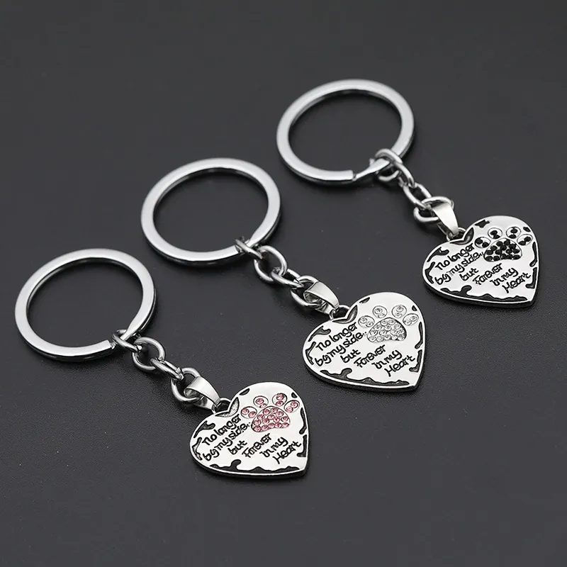 Zinc Alloy Rhinestone Heart Paw Print Pet Memorial Keychain Engraved No Longer By My Side Quote Silver Pendant Key Ring