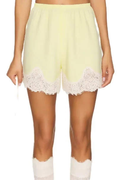 High Waist Satin Polyester Shorts For Women Elegant Elastic Waist Straight Shorts With White Eyelash Lace Trim Summer Bottoms