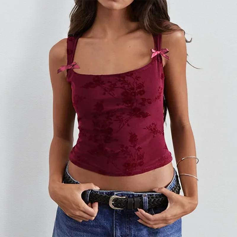 Women Vintage Wine Red Flocking Floral Camisole Vest With Pink Bows Slim Fit Square Neck Short Crop Top Summer Clothing