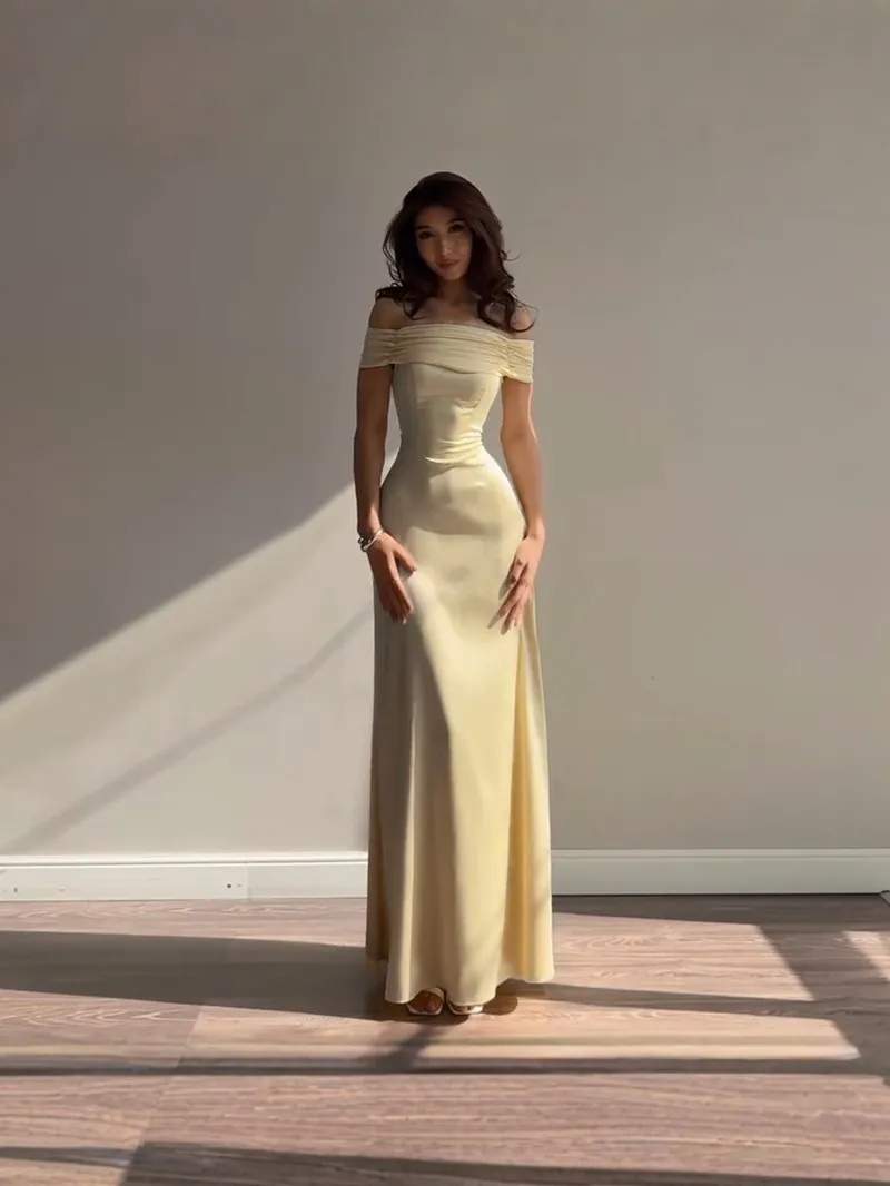 Women Sexy Off Shoulder Satin Maxi Dress Backless Pleated Bodycon Evening Party Elegant Wedding Guest Floor Length Gown