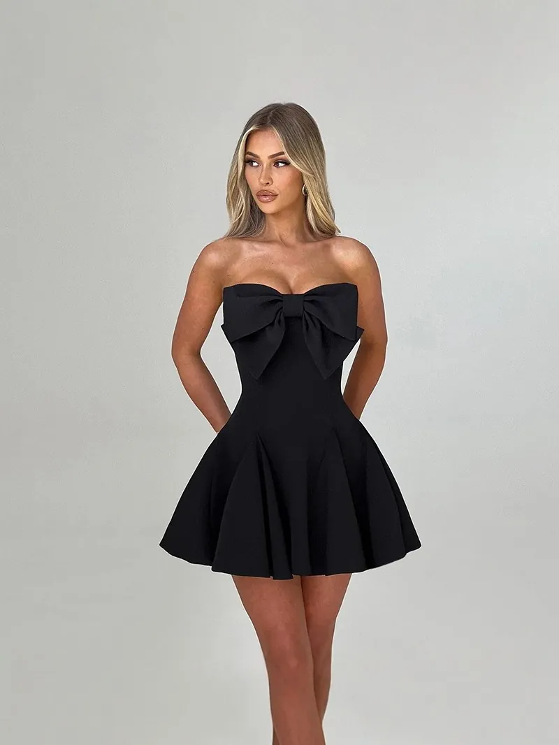 Women Strapless Off-Shoulder Mini Dress Elegant Giant Bow Decorative Puffy A-Line Skater Skirt Backless Party Cocktail Short Dress