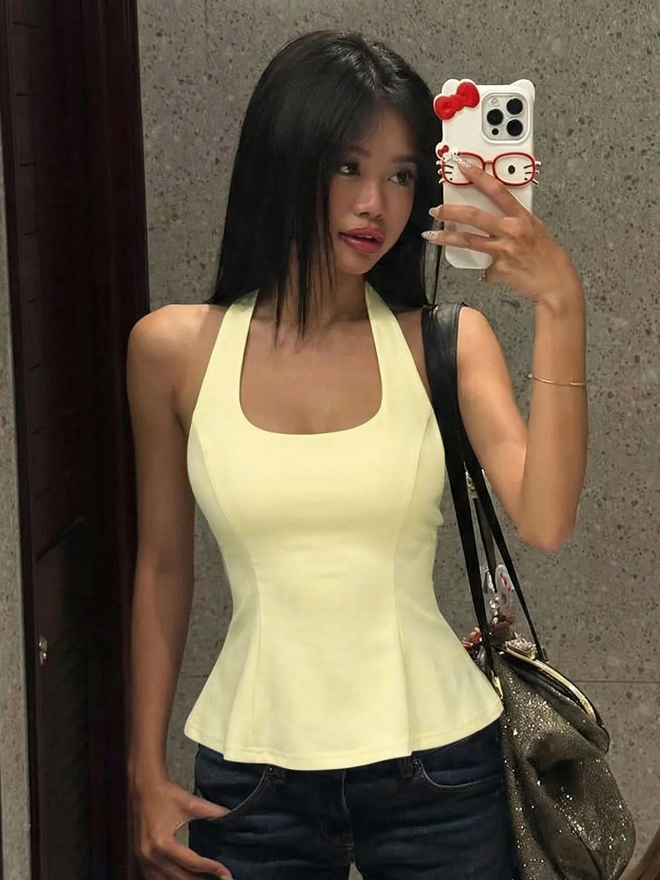 Women's Sexy Halter Neck Peplum Tank Top Slim Fit Back Lace-up Solid Color Sleeveless Summer Streetwear Casual Top