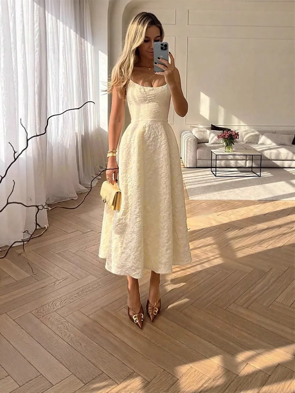 Elegant Apricot Jacquard Sling Dress For Women French Vintage Backless A-Line Midi Dress Summer Beach Party Sleeveless Dress
