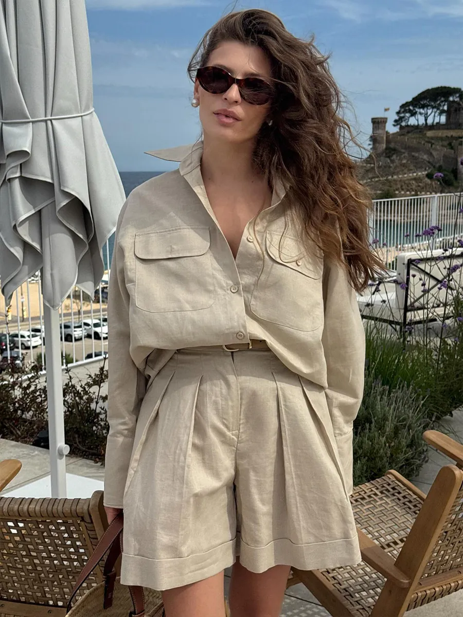 Women's 100% Cotton Casual Long Sleeve Button Down Shirt And High Waist Pleated Shorts Vacation Loungewear Outfit Khaki