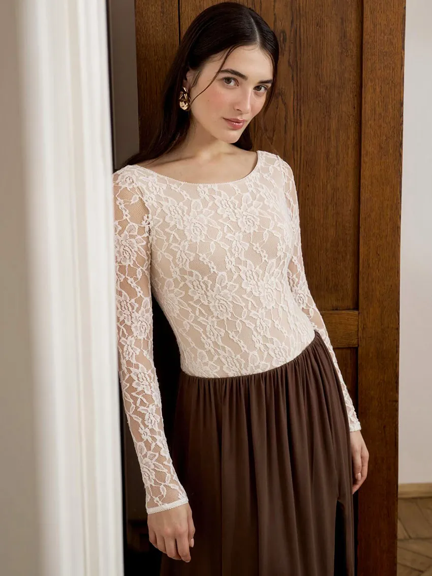 Women Sexy Floral Lace Long Sleeve T-Shirt Slim Fit Hollow Out U-Neck Top Elegant Pure Color Casual Party Tee For Ladies