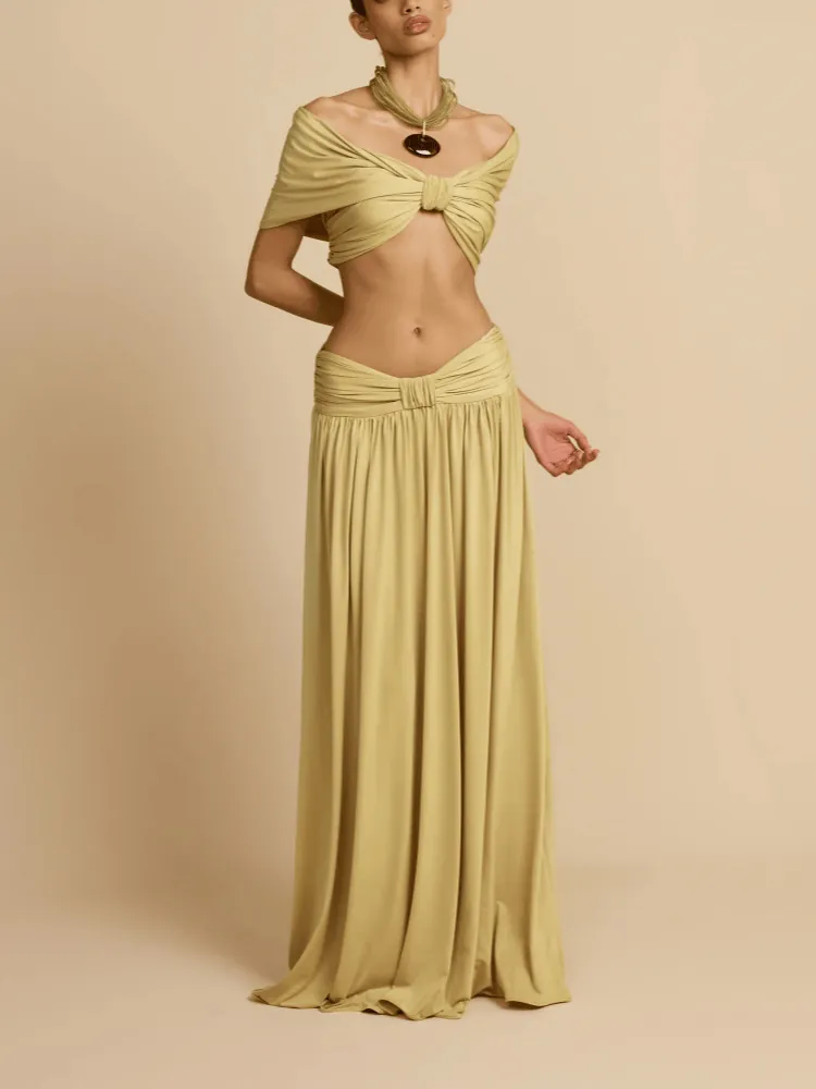 Women Sexy Off Shoulder Ruched Crop Top And High Waist Pleated Maxi Skirt Top And Skirt Solid Color Elegant Vacation Outfit