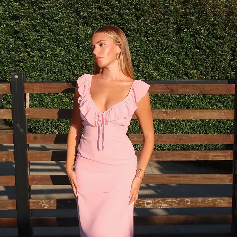 Robe Longue Femme Sexy Col en V Profond et Volants Sans Manches avec Lacets Dos Nu Coupe Ajustée Soirée Fête Vacances Plage Été Élégante